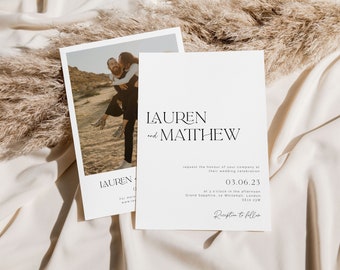 May include: A white wedding invitation with a photo of a couple in the background. The invitation reads "Lauren and Matthew request the honour of your company at their wedding celebration 03.06.23 at 3 o'clock in the afternoon Grand Sapphire, to Whitehall, London SE10 23W Reception to follow."