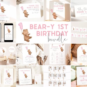 Bear 1st Birthday Bundle. Beary First Birthday Party Bundle Pink Teddy Bear Invitation Bundle Bear Birthday for Girls Template Bundle, PB4