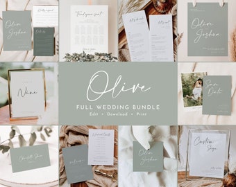 Ultimate Wedding Template Bundle Minimal Sage Green Full Wedding Invitation Template Set Printable DIY Wedding Invitation Bundle - OLIVE