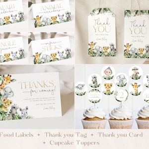 May include: A set of printable jungle animal party decorations, including food labels, thank you tags, a thank you card, and cupcake toppers. The decorations feature a watercolor style with a green, brown, and gold color scheme. The text on the labels includes "Safari Sandwiches", "Jungle Juice", "Safari Sticks", and "Animal Crackers". The thank you tags and card say "Thank You for a Wild Time!" and the cupcake toppers feature various jungle animals.