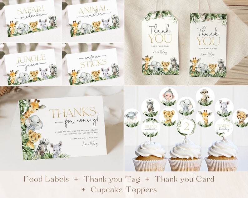 May include: A set of printable jungle animal party decorations, including food labels, thank you tags, a thank you card, and cupcake toppers. The decorations feature a watercolor style with a green, brown, and gold color scheme. The text on the labels includes "Safari Sandwiches", "Jungle Juice", "Safari Sticks", and "Animal Crackers". The thank you tags and card say "Thank You for a Wild Time!" and the cupcake toppers feature various jungle animals.