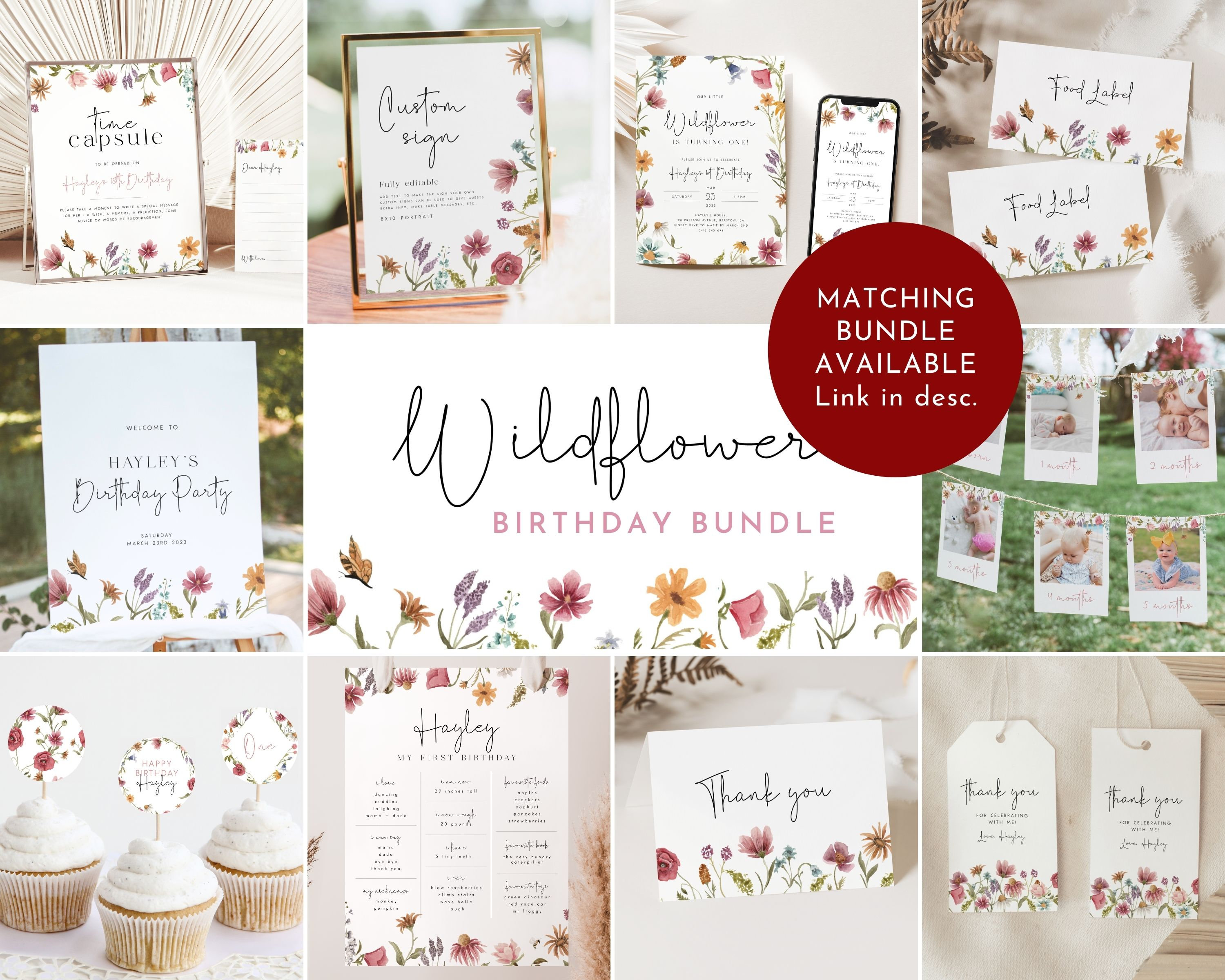 Wildflower First Birthday Thank You Card Template, Wildflower Thank You ...