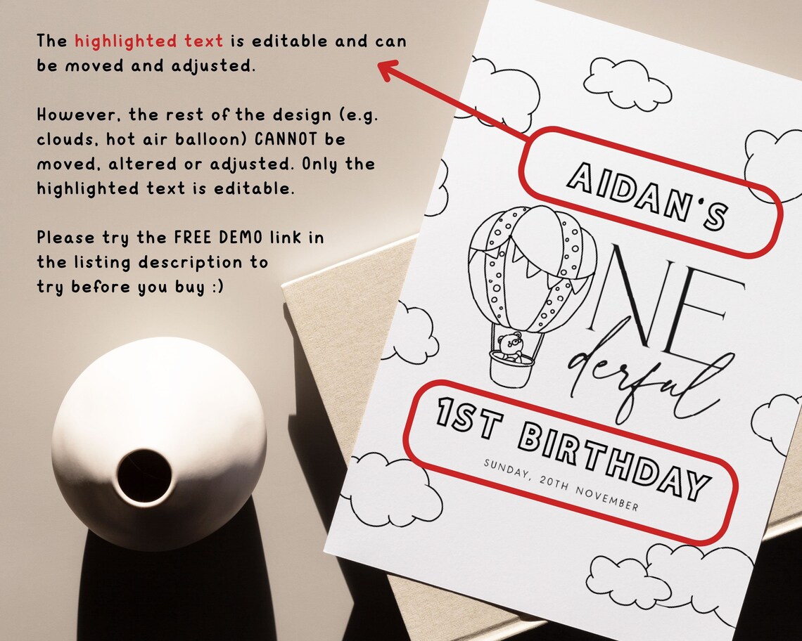 Editable Coloring Page Template. Onederful Birthday Party Activity Game ...