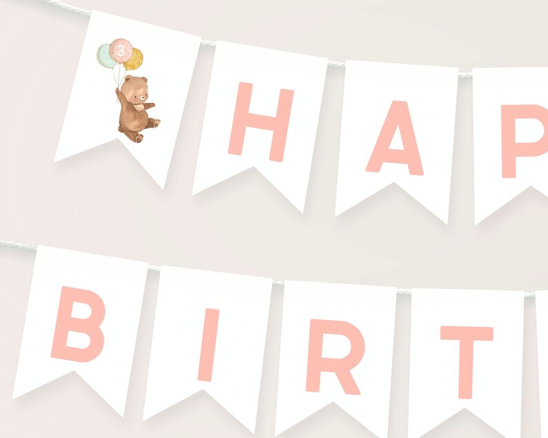 Bear Happy Birthday Banner Template Editable Beary 3rd Birthday Girl ...