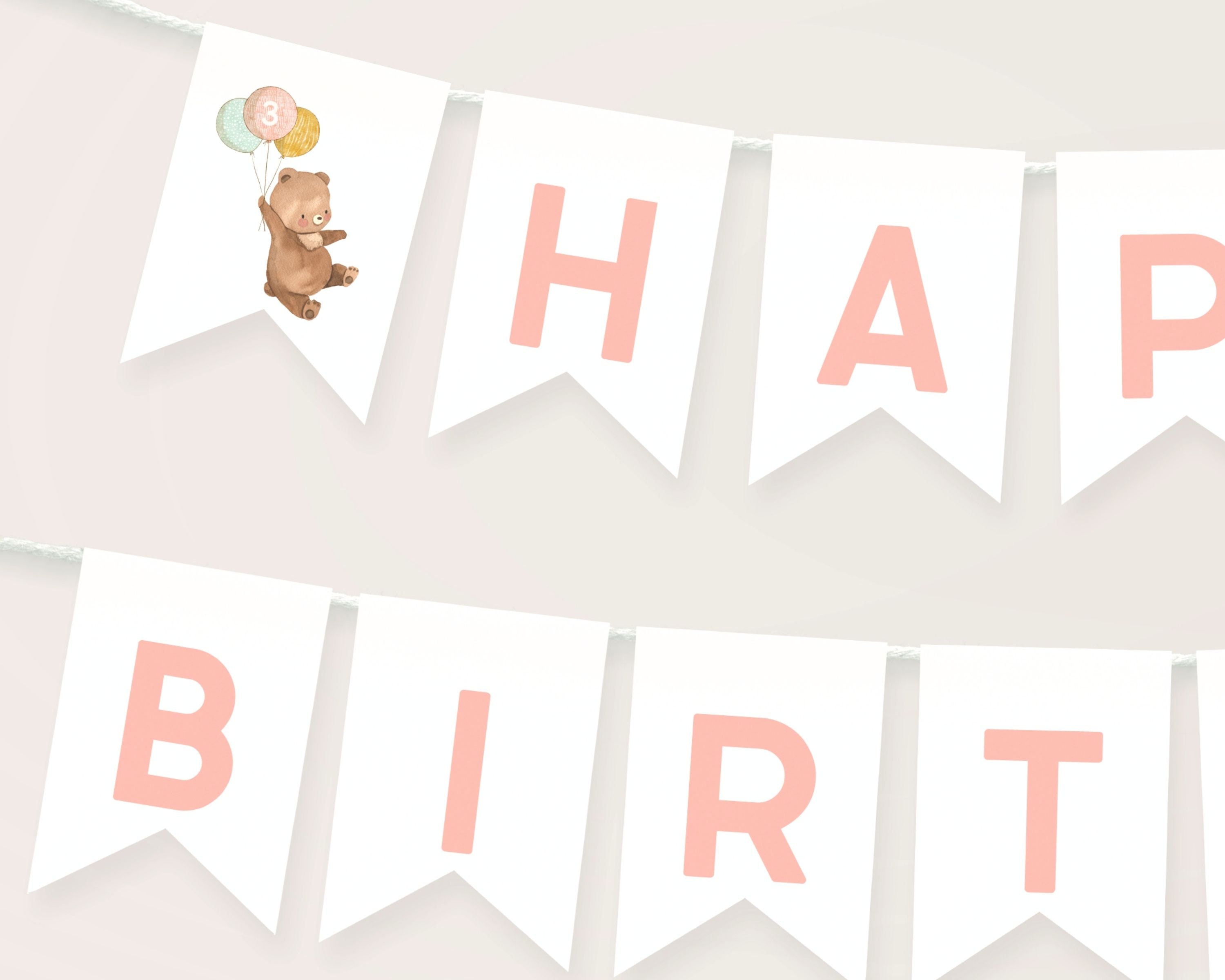 Bear Happy Birthday Banner Template Editable Beary 3rd Birthday Girl ...