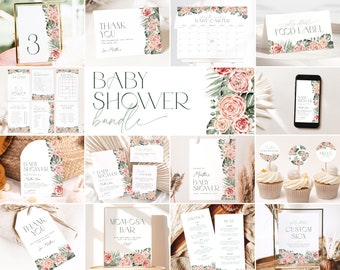 Puede incluir: Un conjunto de decoraciones imprimibles para baby shower con un tema tropical con ilustraciones florales rosas y verdes. El conjunto incluye invitaciones, tarjetas de agradecimiento, etiquetas para alimentos, un letrero de bienvenida, un letrero de barra de mom-osa, un letrero de bebidas y menú, un juego de baby shower, un calendario y adornos para cupcakes.