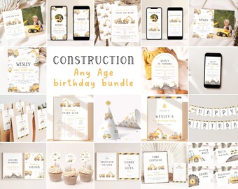 Construction Birthday Bundle Any Age. Editable Construction Party Bundle 3rd Birthday Package Construction Invitation Dump Truck for Boys C3