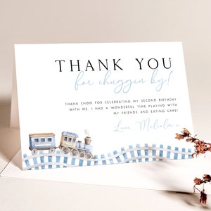 Train 2nd Birthday Thank You Card Template. Editable Chugga Two Two Blue Train Birthday Thank You Card Birthday Folded Tent Card Boys, TR2