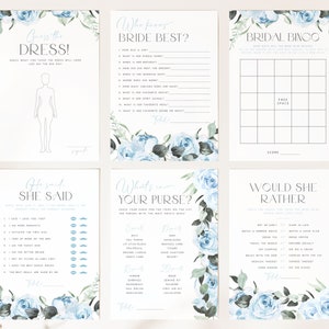 Blue Bridal Shower Games Bundle. Boho Blue Floral Printable Bridal Shower Games Editable Games Watercolor Blue Bridal Brunch Blue Flower BF4