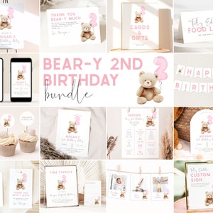 Bear 2nd Birthday Bundle. Beary Second Birthday Party Bundle Pink Teddy Bear Invitation Bundle Bear Birthday for Girls Template Bundle, PB2