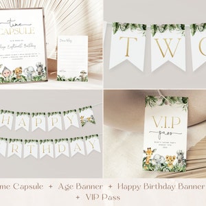 May include: A set of printable jungle-themed party decorations for a child's second birthday. The set includes a time capsule, an age banner, a happy birthday banner, and a VIP pass. The decorations feature a green and gold color scheme with illustrations of animals like giraffes, elephants, and lions.