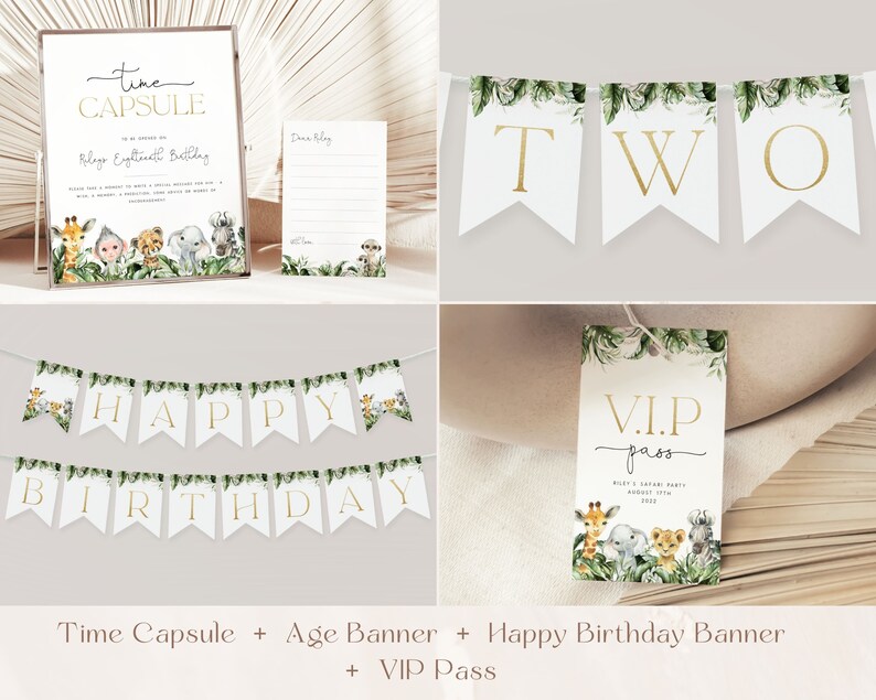May include: A set of printable jungle-themed party decorations for a child's second birthday. The set includes a time capsule, an age banner, a happy birthday banner, and a VIP pass. The decorations feature a green and gold color scheme with illustrations of animals like giraffes, elephants, and lions.