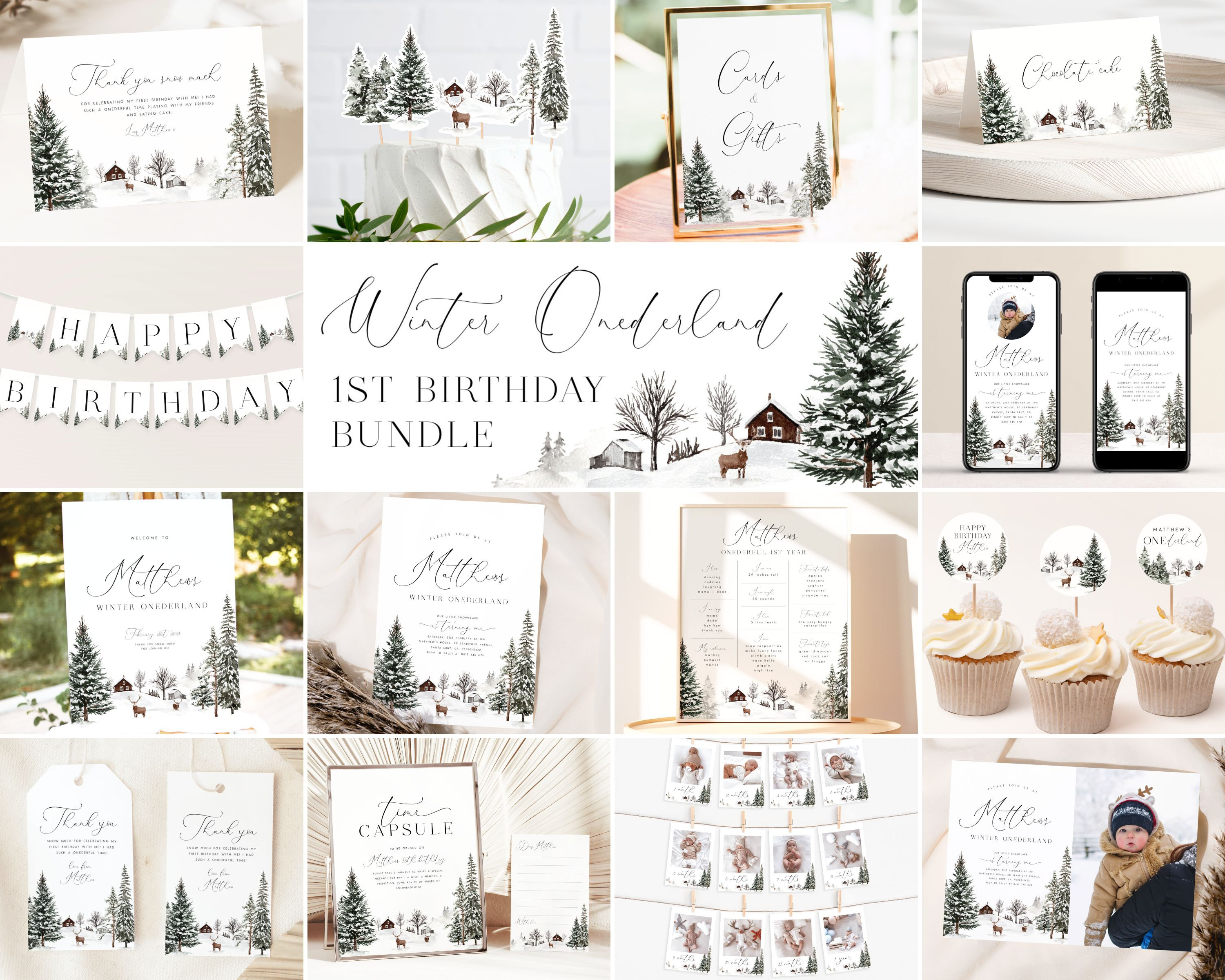 Winter Onederland Bundle, Onederland 1st Birthday Bundle Winter Wonderland 1st Birthday Invitation Bundle Editable Template Bundle Set, WO1