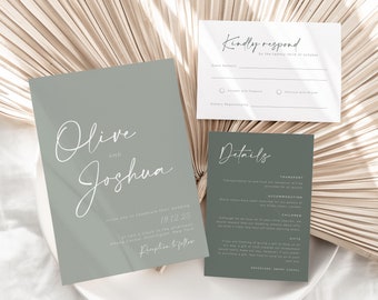 Sage Green Wedding Invitation Suite Template Simple Minimalist Wedding Invitation Template Printable Wedding Invitation Set Download - Olive