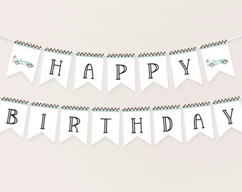 Two Fast Race Car Happy Birthday Banner Template. Vintage Race Car Banner Birthday Garland Race Car 2nd Birthday Bunting for Boys, BC2 R7
