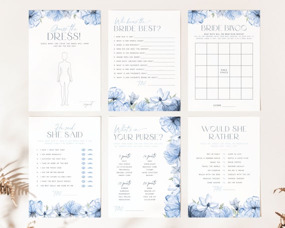 Dusty Blue Bridal Shower Games Bundle. Blue Floral Printable Bridal Shower Games Editable Games Watercolor Blue Bridal Brunch Wildflower BF2