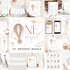 Onederful 1st Birthday Bundle, Neutral Onederful Birthday Bundle Onederful World First Birthday Invitation Bundle Hot Air Balloon Decor, ON2