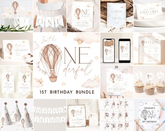 Onederful 1st Birthday Bundle, Neutral Onederful Birthday Bundle Onederful World First Birthday Invitation Bundle Hot Air Balloon Decor, ON2