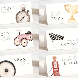 Pink Race Car Food Labels 1st Birthday Template. First Birthday Girl Editable Food Label Vintage Race Car Printable Tent Place Cards R12 R7