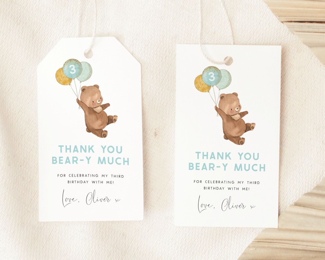 Tag Bea Bear Birthday Thank You Tag. Editable Beary 3rd Birthday Thank You Tag ...