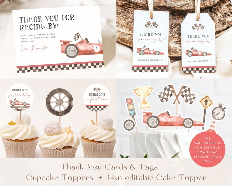 K&ouml;nnte beinhalten: Ein Set druckbarer Partydekorationen f&uuml;r eine erste Geburtstagsparty mit einem Rennwagen-Thema. Das Set beinhaltet Dankeskarten, Geschenkanh&auml;nger, Cupcake-Topper und einen nicht bearbeitbaren Tortenaufsatz. Die Dekorationen zeigen ein rotes Rennauto, karierte Flaggen und eine Troph&auml;e.