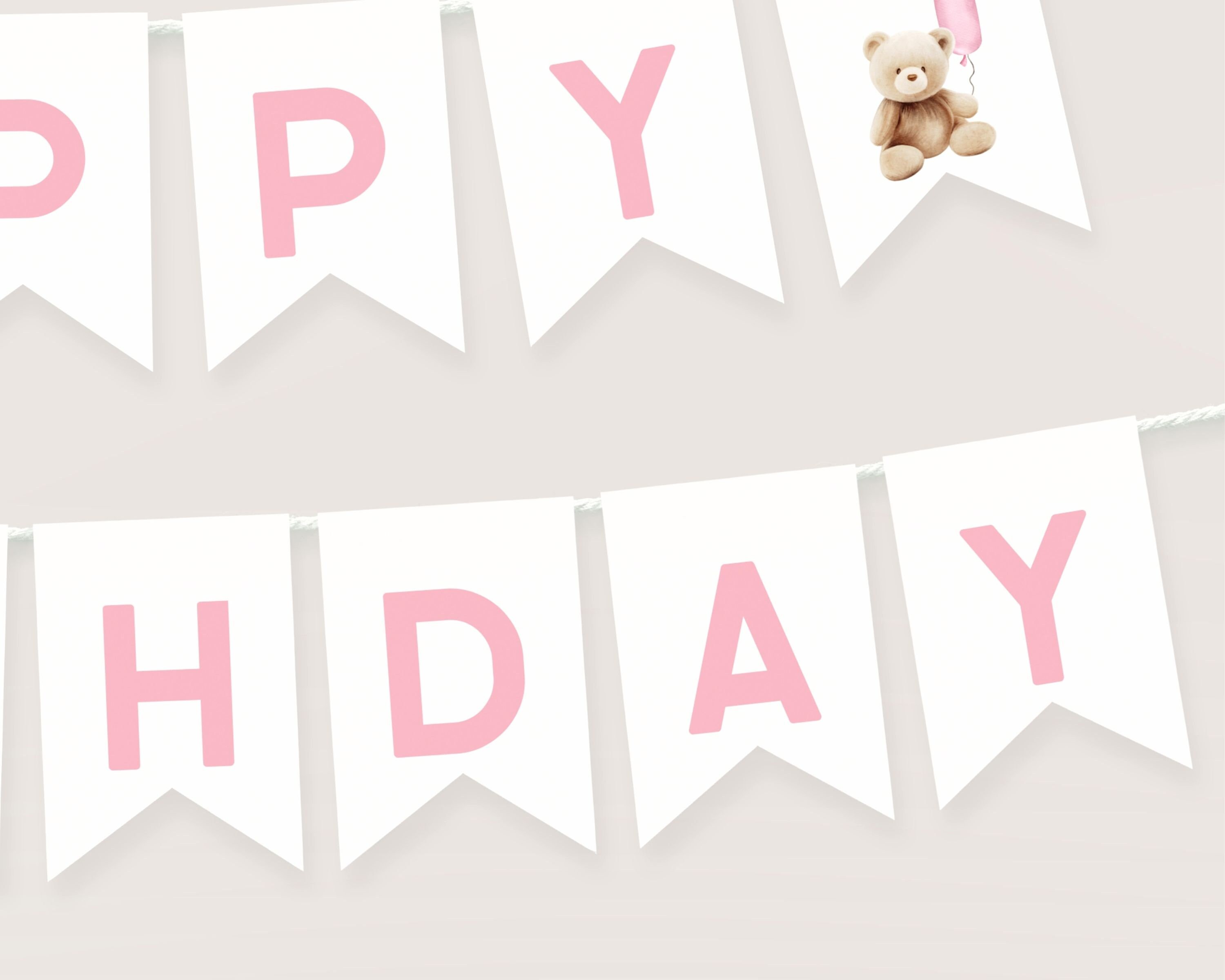 Bear Happy Birthday Banner Template. Editable Beary First Birthday Girl ...