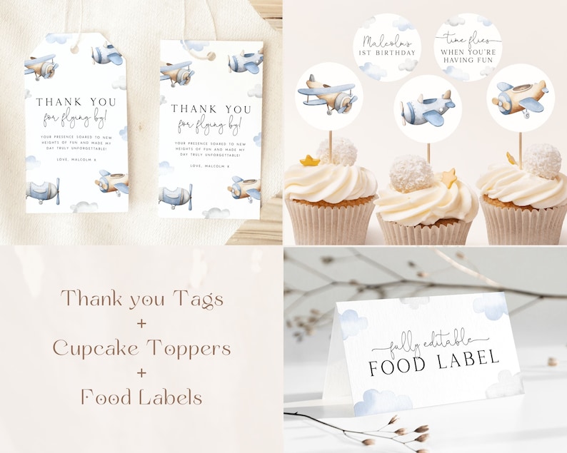 May include: Printable set of airplane-themed party decorations for a first birthday. Includes thank you tags, cupcake toppers, and food labels with a blue and white color scheme. The text on the labels reads "Thank you for flying by!" and "Time flies when you're having fun".