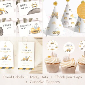 May include: Construction party printable set featuring yellow and grey construction vehicles, including food labels, party hats, thank you tags, and cupcake toppers. The text on the labels reads "wrecking balls", "nuts and bolts", "spare tyres", "bulldozer burgers", "thank you for joining the crew!" and "Scott's first birthday".