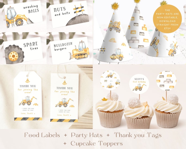 May include: Construction party printable set featuring yellow and grey construction vehicles, including food labels, party hats, thank you tags, and cupcake toppers. The text on the labels reads "wrecking balls", "nuts and bolts", "spare tyres", "bulldozer burgers", "thank you for joining the crew!" and "Scott's first birthday".
