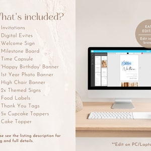 May include: A computer screen displaying a digital invitation template for a first birthday party. The template features a blue watercolor background with the text "Chloe & Nathan" and a woodgrain texture. The text "Easy Editing" is displayed in a circle on the right side of the screen. The text "Edit in your browser" is displayed below the circle. The text "Edit on PC/Laptop only" is displayed at the bottom of the screen.