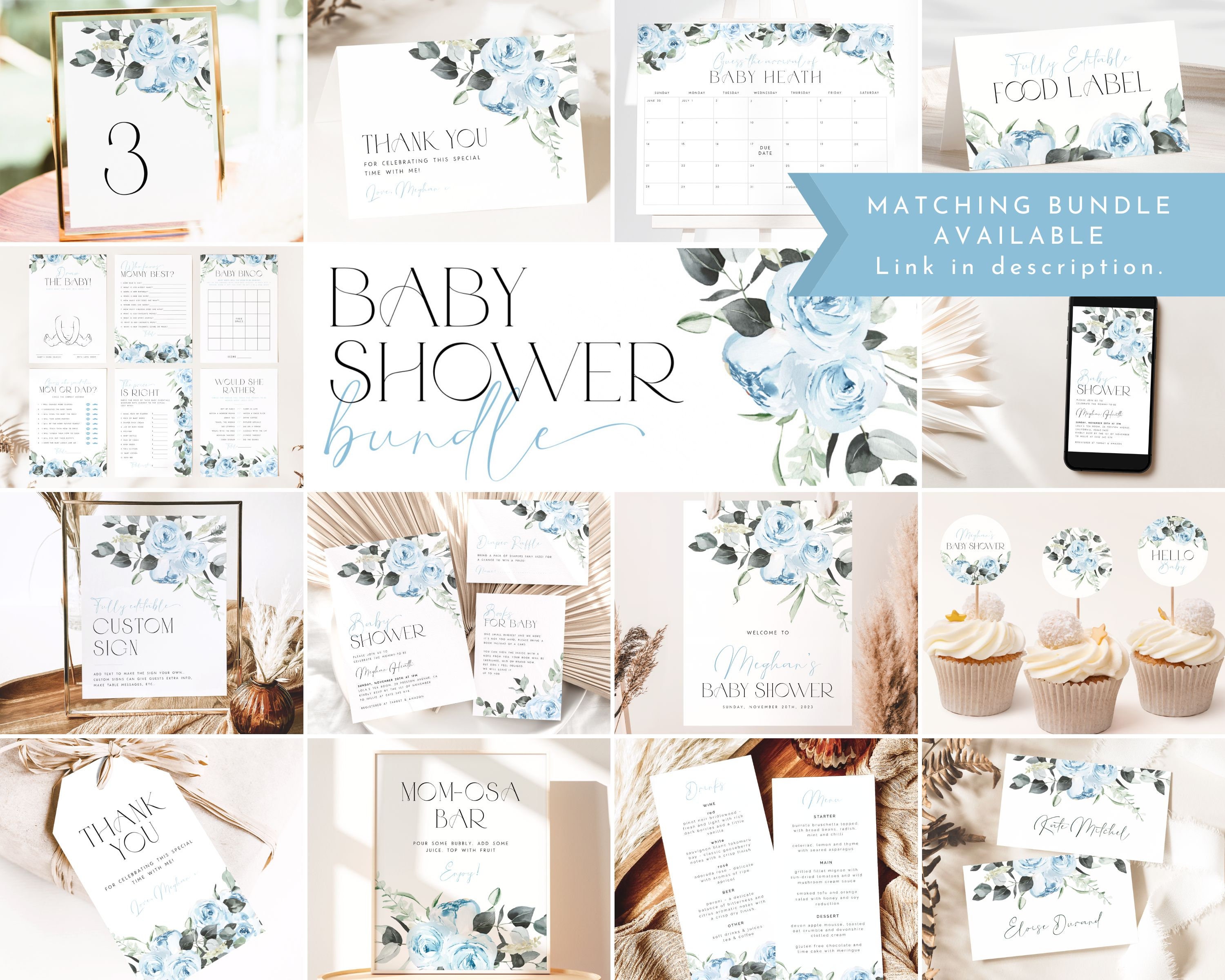Blue Baby Shower Thank You Card Template. Boho Blue Floral Baby Shower ...