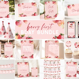 Berry First Birthday Invitation Bundle, Printable Strawberry Invitation Template Bundle Girls Berry Sweet 1st Birthday Bundle Party Set, B4