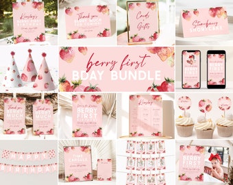 Berry First Birthday Invitation Bundle, Printable Strawberry Invitation Template Bundle Girls Berry Sweet 1st Birthday Bundle Party Set, B4