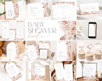 Könnte beinhalten: Ein Set druckbarer Babyparty-Dekorationen in einem zarten Rosa- und Cremefarbton mit floralen und Pampasgras-Designs. Das Set beinhaltet Einladungen, Dankeskarten, Lebensmitteletiketten, ein Willkommenszeichen, ein Schild für eine Mimosa-Bar, einen Kalender und Cupcake-Topper.