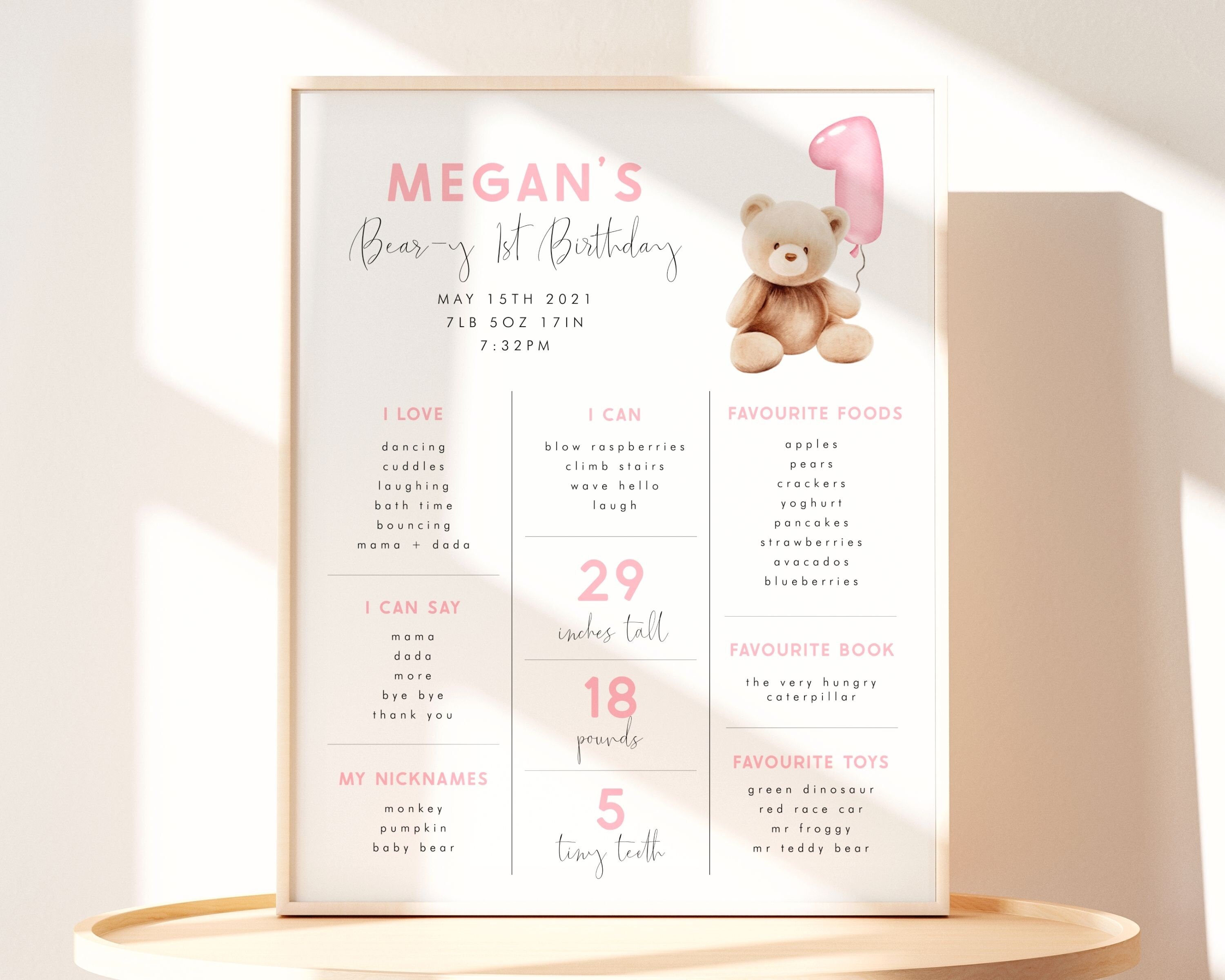 Bear 1st Birthday Milestone Sign Editable Template Beary First Birthday ...