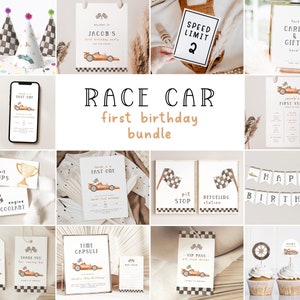 Fast One Race Car Party Bundle Package. Vintage Race Car 1st Birthday Invitation Bundle Race Car Party Decorations Editable Template - R2 R7