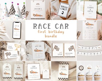 Fast One Race Car Party Bundle Package. Vintage Race Car 1st Birthday Invitation Bundle Race Car Party Decorations Editable Template - R2 R7