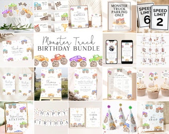 May include: A Monster Truck birthday party printable bundle with a variety of colorful designs. The bundle includes invitations, thank you cards, cupcake toppers, party signs, and more. The designs feature monster trucks, stars, and other fun party elements.