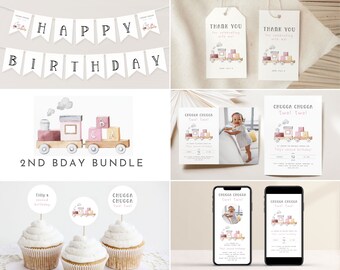 Chugga Chugga Two Two Birthday Bundle Set. Editable Template Set Train 2nd Birthday Party Package Choo Choo Train Invitation for Girls, T1