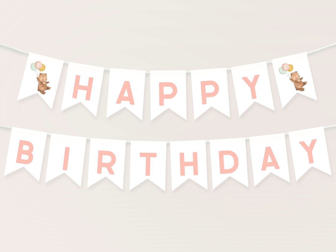 Bear Happy Birthday Banner Template Editable Beary 3rd Birthday Girl ...