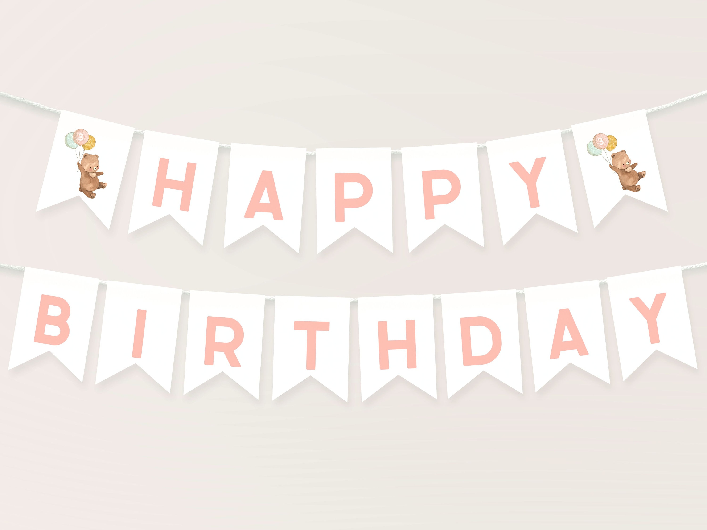 Bear Happy Birthday Banner Template Editable Beary 3rd Birthday Girl ...