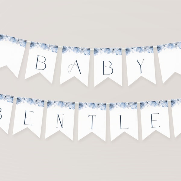 Dusty Blue Baby Shower Banner Template. Blue Floral Baby Shower Editable Banner Printable Garland Boy Baby Name Bunting Party Decor DIY, BF1