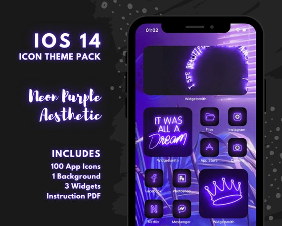 Neon Purple Aesthetic Ios 14 Icons Iphone Background Neon Ios Etsy