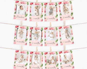 May include: A set of 12 pink and green photo cards with a watercolor strawberry pattern. Each card has a white frame and a space for a photo. The cards are labeled with the months of the year, from newborn to 11 months.