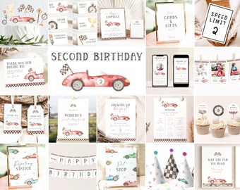 May include: A set of printable party decorations for a second birthday with a race car theme. The decorations include a banner, cupcake toppers, invitations, thank you cards, and more. The decorations are in red, white, and black with a checkered pattern.