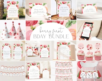 Berry First Birthday Invitation Bundle, Printable Strawberry Invitation Template Bundle Girls Berry Sweet 1st Birthday Bundle Party Set, B8