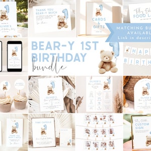 May include: A blue and brown bear-themed 1st birthday party printable bundle. The bundle includes invitations, thank you cards, food labels, a time capsule, a sign, cupcake toppers, and more. The text "BEAR-Y 1ST BIRTHDAY bundle" is displayed in a large font.