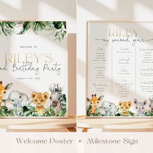 May include: A welcome poster and milestone sign for a second birthday party. The poster features a jungle theme with a giraffe, elephant, lion, and zebra. The milestone sign lists the child's accomplishments, including their height, weight, and favorite foods. The text on the poster reads "Welcome to Riley's 2nd Birthday Party" and the text on the milestone sign reads "Riley my second year".