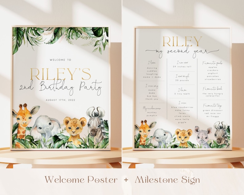 May include: A welcome poster and milestone sign for a second birthday party. The poster features a jungle theme with a giraffe, elephant, lion, and zebra. The milestone sign lists the child's accomplishments, including their height, weight, and favorite foods. The text on the poster reads "Welcome to Riley's 2nd Birthday Party" and the text on the milestone sign reads "Riley my second year".