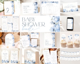 Dusty Blue Baby Shower Bundle. Blue Floral Baby Shower Invite Bundle Blue Boy Baby Shower Printable Invite Evite Editable Party Bundle, BF1